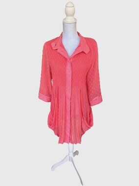 Lindi Textured Button-Up Cardigan Coral Lightweight Sheer Flowy 3/4 Sleeves